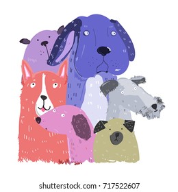 Cute various dogs. Vector greeting card