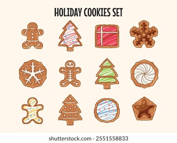 Cute Various Hand Drawn Illustration of Winter Holiday Cookies Set Vector