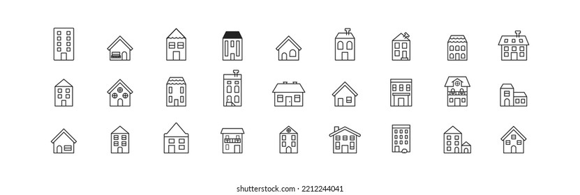 Cute el conjunto de iconos de varias casas. Concepto de construcción, casa. El exterior urbano. Símbolo de propiedad. Ilustración vectorial.