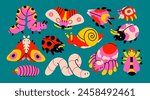 Cute various Insects. Cartoon style characters for kids. Caterpillar, butterfly, snail, spider, wasp, worm. Hand drawn Vector illustration. Isolated design elements. Sticker, print, design template