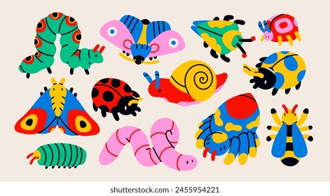 Cute various Insects. Cartoon style characters for kids. Caterpillar, butterfly, snail, spider, wasp, worm. Hand drawn Vector illustration. Isolated design elements. Sticker, print, design template