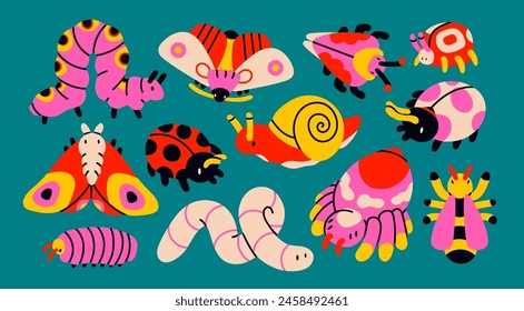 Cute various Insects. Cartoon style characters for kids. Caterpillar, butterfly, snail, spider, wasp, worm. Hand drawn Vector illustration. Isolated design elements. Sticker, print, design template