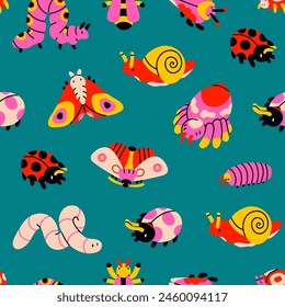 Cute various Insects. Cartoon style characters for kids. Caterpillar, butterfly, snail, spider, wasp, worm. Hand drawn Vector illustration. Square seamless Pattern, background, wallpaper