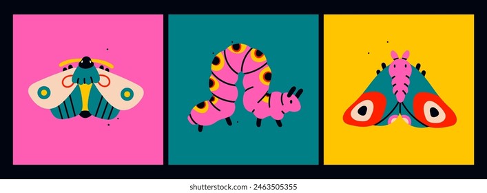 Cute various Insects. Cartoon style characters for kids. Caterpillar, butterfly, moth. Hand drawn Vector illustration. Isolated square design elements. Sticker, print, design template