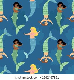 Cute various looking mermaids girls seamless pattern. Vector isolated illustration for kids clothes, fabric, textile, wrapping paper and other print and endless design.
