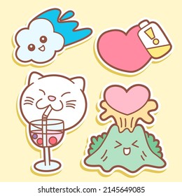 Cute various objects hand drawn stickers set