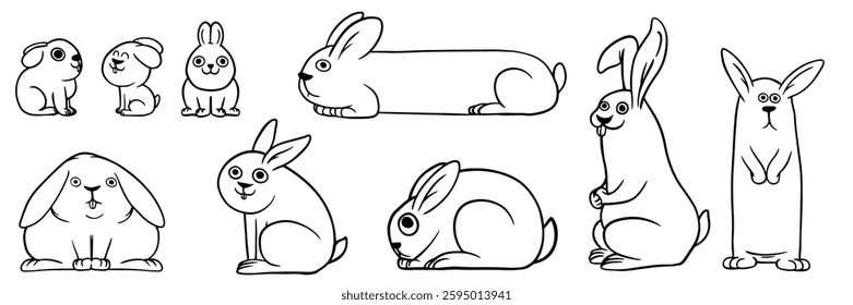 Cute various outline rabbits. Set of characters farm or wild bunnies in cartoon funny flat style. Vector illustration of animals.
