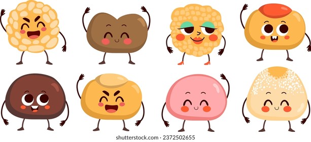 Cute various Panellets, typical pastries of Catalonia, Spain, All Saints Day mascot characters isolated on white background. Happy food friends of different flavours kawaii emoticons vector illustrati