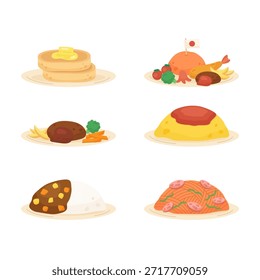 cute various types of japanese dish set, vector illustration