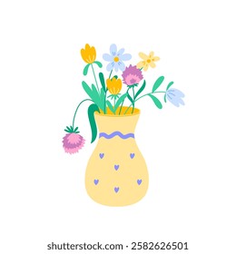 Cute vase with bouquet of flowers, vector illustration in flat style. Spring, holiday, flowers, congratulations