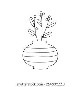 Cute vase with a branch. Line art doodle style. Perfect for cards, decorations, logo. and print. Isolated vector illustration