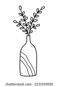 Cute vase with branches isolated on white background. Vector hand-drawn illustration in doodle style. Perfect for cards, decorations, logo.