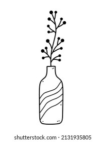 Cute Vase mit Ästen einzeln auf weißem Hintergrund. Vektorhandgezeichnete Illustration im Doodle-Stil. Ideal für Karten, Dekorationen, Logo.