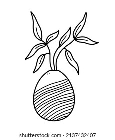 Cute vase with branches isolated on white background. Vector hand-drawn illustration in doodle style. Perfect for cards, decorations, logo.