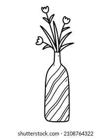 Cute vase with flowers isolated on white background. Vector hand-drawn illustration in doodle style. Perfect for cards, decorations, logo.