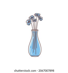 Cute vase with garden blooming flowers. Hand-drawn flat vector illustration. The bouquet with blue flowers on white background.