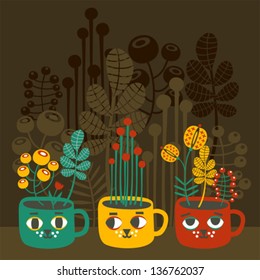 Cute vases with flowers - cat faces. Vector illustration.