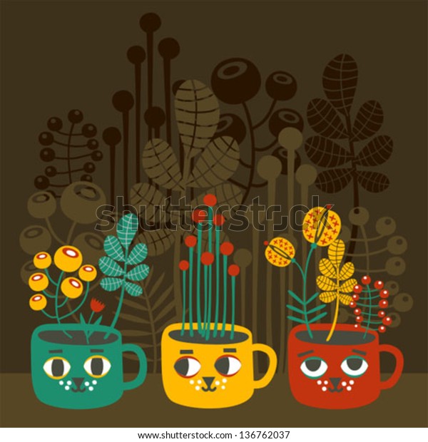 Cute Vases Flowers Cat Faces Vector Stock Vector Royalty Free