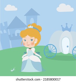 Cute vecter Cinderella princess cartoon character from fairy tales wear baby blue gown dress with glass slipper and pumpkin carriage isolated on background of castle svg