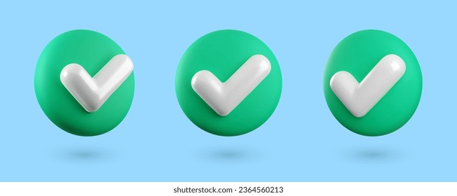 Cute Vector 3d Checkmark realistic icons set. Trendy glossy plastic green check mark buttons collection in different angles, choice icon isolated on blue background. 3d render tick sign illustration.