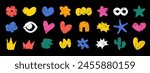 Cute vector abstract doodle shapes. Set of various modern kids hand-drawn hearts, clouds, stars, flowers, crowns and speech bubbles, eye, infinity signs, cactus, arch or rainbow and star fish stickers