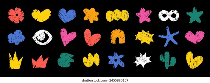 Cute vector abstract doodle shapes. Set of various modern kids hand-drawn hearts, clouds, stars, flowers, crowns and speech bubbles, eye, infinity signs, cactus, arch or rainbow and star fish stickers