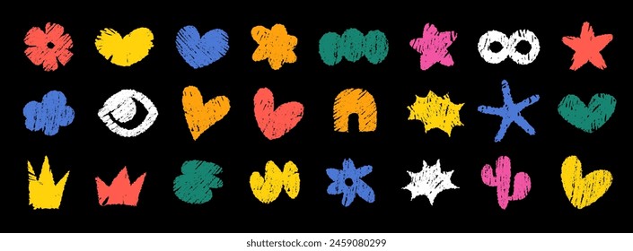 Cute vector abstract doodle shapes. Set of various modern kids handdrawn hearts, clouds, flowers, crowns and speech bubbles. Eye, infinity signs, cactus, star fish, abstract explosion rainbow stickers