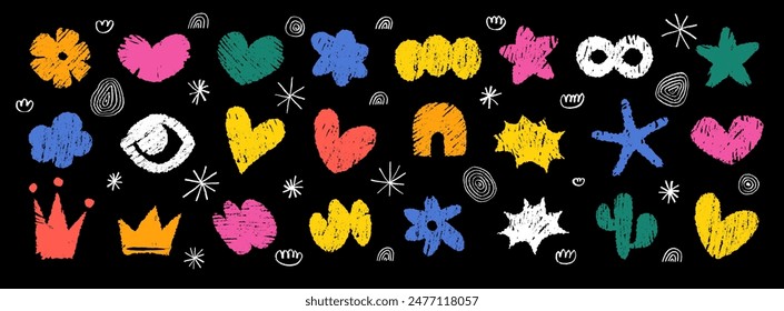 Cute vector abstract doodle shapes. Various modern autistic spectrum kids hand-drawn hearts, clouds, stars, flowers, crowns, bubbles, eye, infinity sign, cactus, arch or rainbow summer child stickers