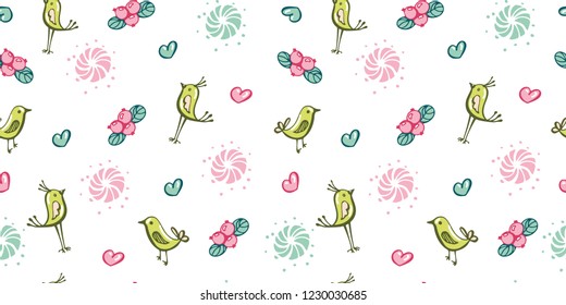 Cute vector abstract seamless pattern with birds, berries and hearts. In the style of hand-drawn. A good decoration for fabric, wallpaper, packaging, baby products and as a backdrop in your design.