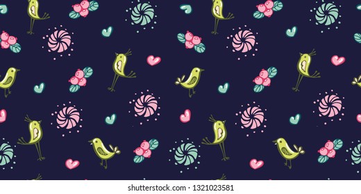 Cute vector abstract seamless pattern with birds, berries and hearts. In the style of hand-drawn. A good decoration for fabric, wallpaper, packaging, baby products and as a backdrop in your design.