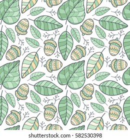 Cute vector acorn and leaves seamless pattern. Simple leaves print with acorns