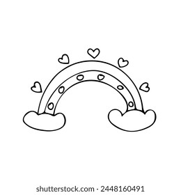 Süße Vektorgrafik entzückender Regenbogen Clipart mit Wolken und Herzen.  Handgezeichnete einfache schwarze Linie Doodle Elemente für die Dekoration. Isolierte Skizze auf weißem Hintergrund.