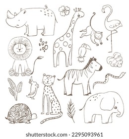 Cute vector african animals, set. Elephant, giraffe, zebra, lion, tiger, toucan.