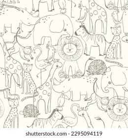 Cute vector african animals, set. Elephant, giraffe, zebra, lion, tiger, toucan. seamless pattern