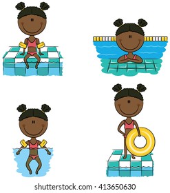 Cute vector African-American girls swimming and resting in the pool with inflatable armbands and swim ring