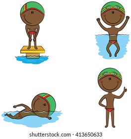 Cute vector African-American swimmer boys in different situations in the pool