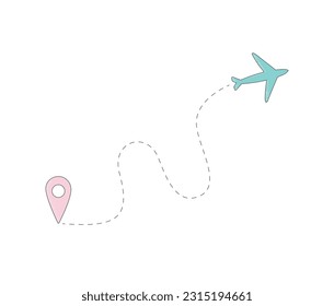 Cute vector airplane dotted flight route, aircraft tracking, dash line trace icon.