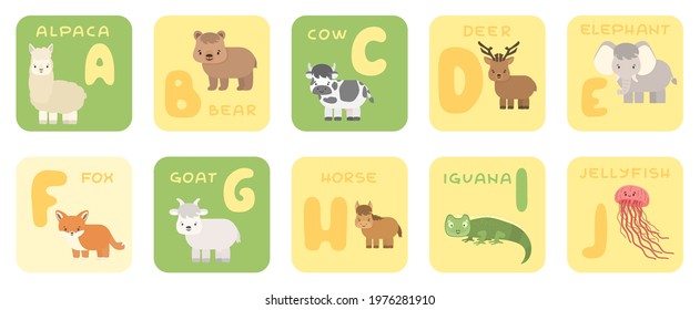 Cute vector A-J zoo alphabet isolated education cards with cartoon animals. Alpaca bear cow deer elephant fox goat horse iguana jellyfish, flat style