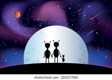 Cute vector aliens family. Dad, mom and child. Galactic, stars, moon, comet, stars, space, universe. Cartoon martians illustration. Humanoids silhouette