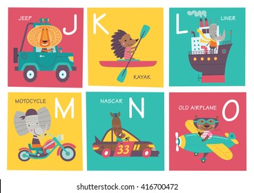 Cute vector alphabet with animals and transport in cartoon style. J, K, L, M, N, O. Part 3.