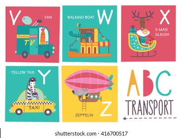 Cute vector alphabet with animals and transport in cartoon style. V, W, X, Y, Z. Part 5.