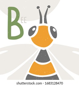 Cute vector alphabet card for play and education. Letter "B" is for Bee. Croped colored bee.  Handwritten text. Vector shabby hand drawn illustration