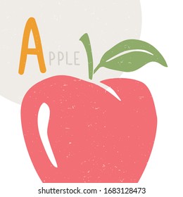 Cute vector alphabet card for play and education. Letter "A" is for Apple. Croped red apple with a leaf.  Handwritten text. Vector shabby hand drawn illustration