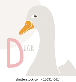 Cute vector alphabet card for play and education. Letter "D" is for Duck. Croped gray duck or goose.  Handwritten text. Vector shabby hand drawn illustration