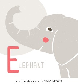 Cute vector alphabet card for play and education. Letter "E" is for Elephant. Croped gray elephant.  Handwritten text. Vector shabby hand drawn illustration