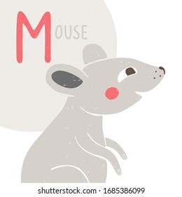 Cute vector alphabet card for play and education. Letter "M" is for Mouse. Croped gray mouse. Handwritten text. Vector shabby hand drawn illustration