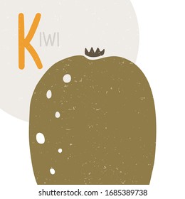 Cute vector alphabet card for play and education. Letter "K" is for Kiwi. Ripe croped colored Kiwi. Handwritten text. Vector shabby hand drawn illustration