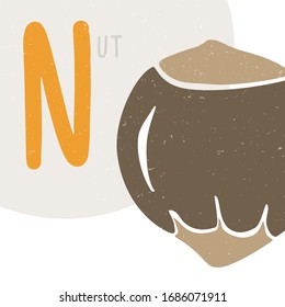 Cute vector alphabet card for play and education. Letter "N" is for Nut. Croped colored hazelnut. Handwritten text. Vector shabby hand drawn illustration