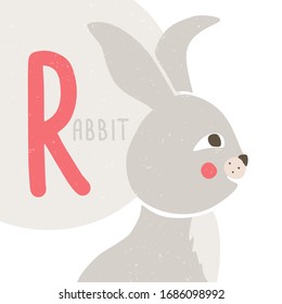 Klare Vektorillustration-Alphabet-Karte für Spiel und Bildung. Buchstabe "R" ist für Kaninchen. Reif erntete graues Kaninchen oder Hasen.  Handgeschriebener Text. Vektorillustration, handgezeichnet