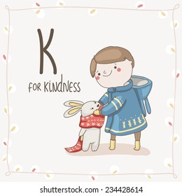 Cute vector Alphabet Christmas. Letter K - Kindness A boy in blue jacket with little rabbit in red scarf  